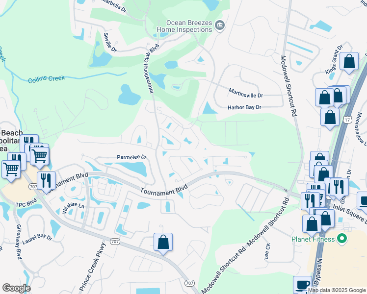 map of restaurants, bars, coffee shops, grocery stores, and more near 120 Veranda Way in Murrells Inlet