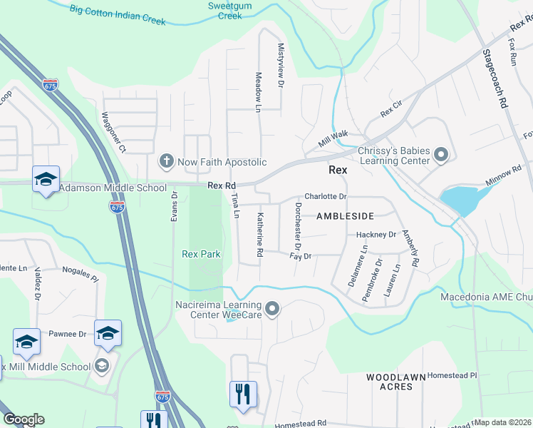 map of restaurants, bars, coffee shops, grocery stores, and more near 6050 Katherine Road in Rex