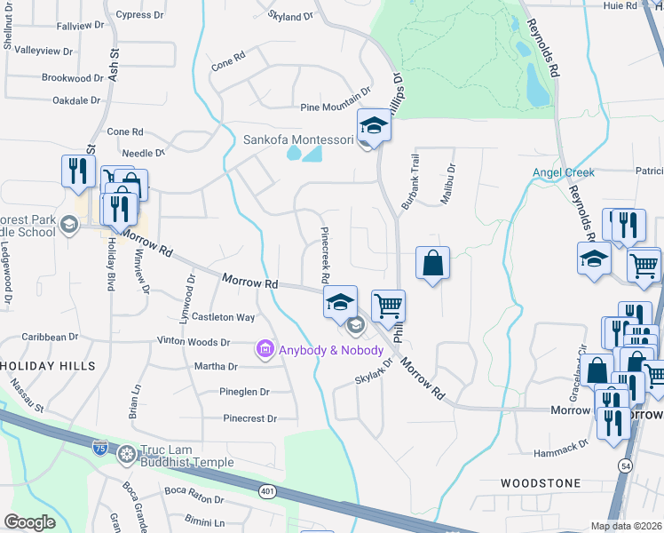 map of restaurants, bars, coffee shops, grocery stores, and more near 6044 Pinecreek Road in Forest Park