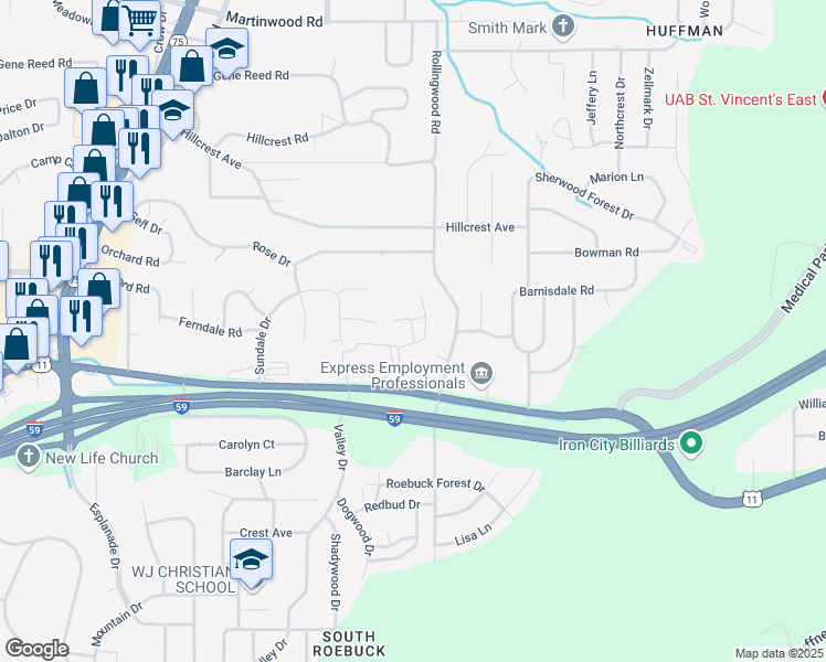map of restaurants, bars, coffee shops, grocery stores, and more near 1031 Gene Reed Road in Birmingham