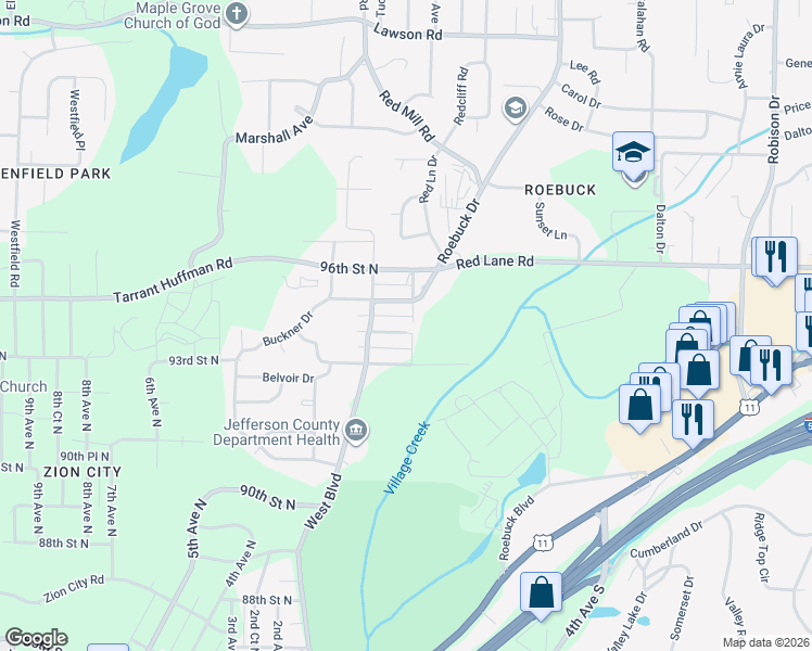 map of restaurants, bars, coffee shops, grocery stores, and more near 101 95th Street North in Birmingham