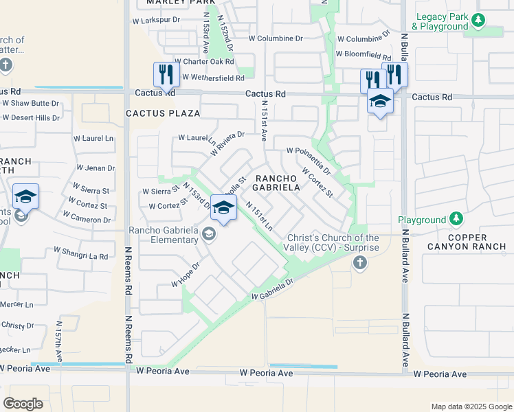map of restaurants, bars, coffee shops, grocery stores, and more near 11569 North 151st Lane in Surprise