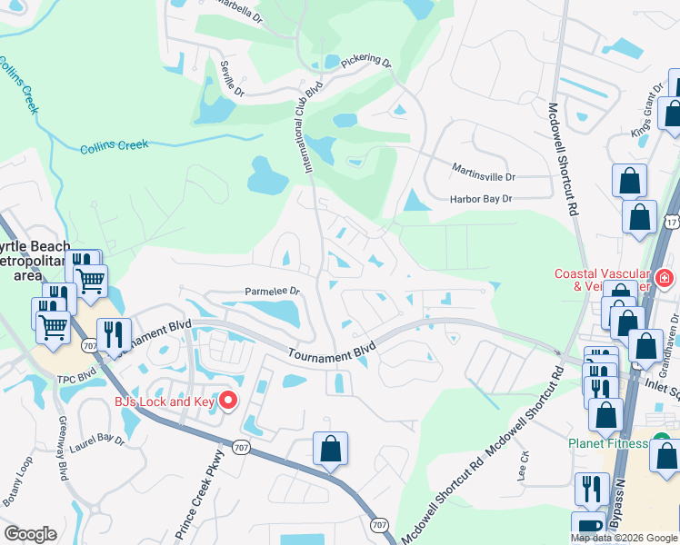 map of restaurants, bars, coffee shops, grocery stores, and more near 131 Veranda Way in Murrells Inlet
