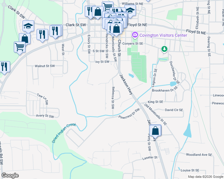 map of restaurants, bars, coffee shops, grocery stores, and more near 3130 Rebecca Street Southwest in Covington