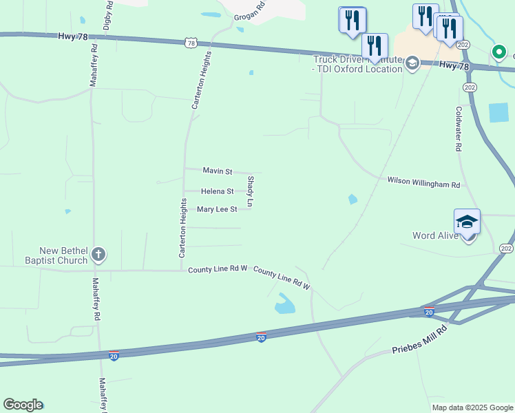 map of restaurants, bars, coffee shops, grocery stores, and more near 115 Shady Lane in Oxford