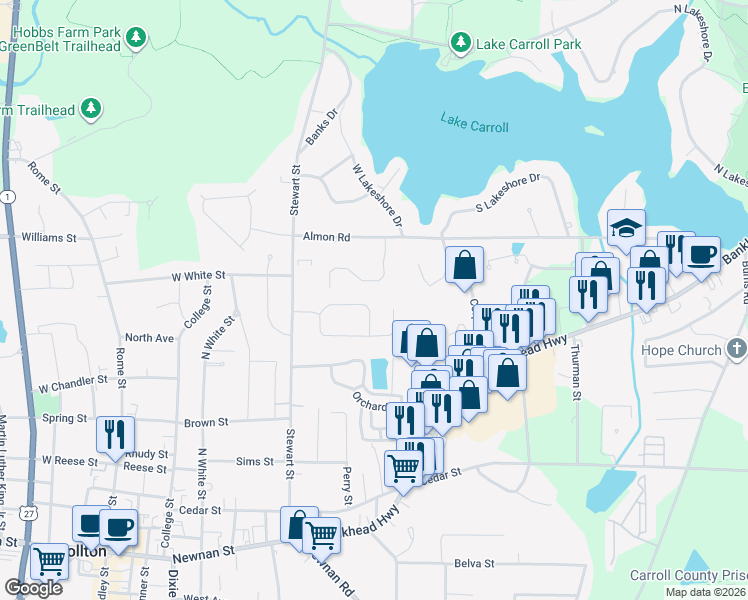 map of restaurants, bars, coffee shops, grocery stores, and more near 127 Ashgate Way in Carrollton