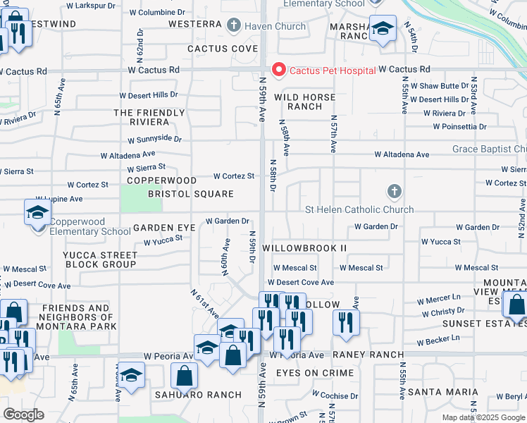 map of restaurants, bars, coffee shops, grocery stores, and more near N 59th Ave & W Cholla St in Glendale