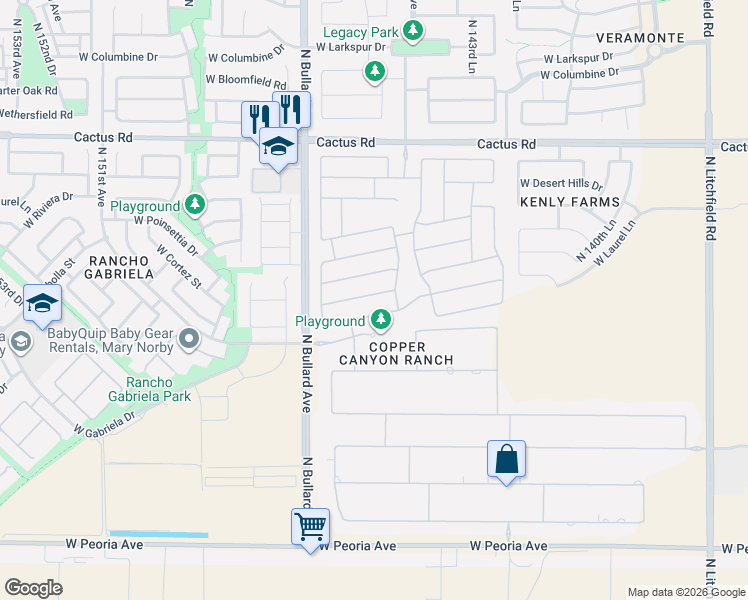 map of restaurants, bars, coffee shops, grocery stores, and more near 14536 West Cortez Street in Surprise