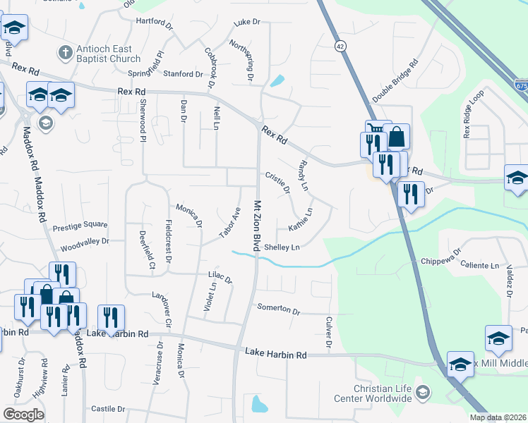 map of restaurants, bars, coffee shops, grocery stores, and more near 6068 Mount Zion Boulevard in Ellenwood