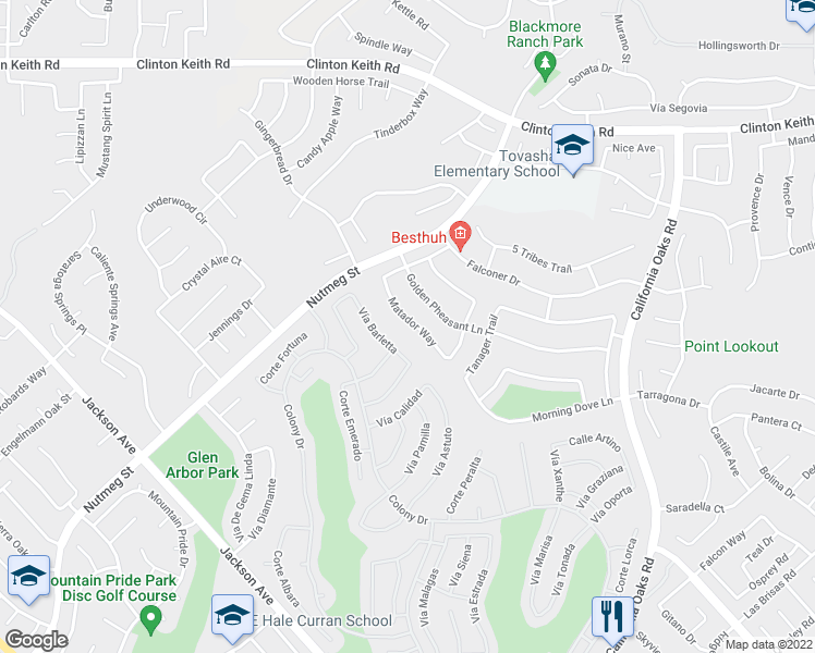 map of restaurants, bars, coffee shops, grocery stores, and more near 23841 Matador Way in Murrieta