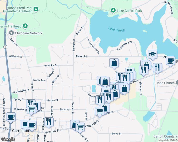 map of restaurants, bars, coffee shops, grocery stores, and more near 121 Ashgate Way in Carrollton