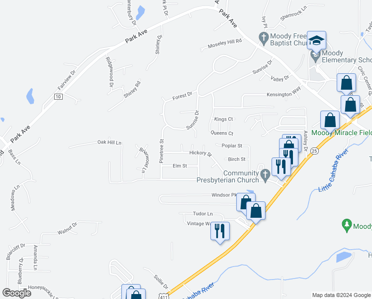 map of restaurants, bars, coffee shops, grocery stores, and more near 1012 Hickory Street in Moody