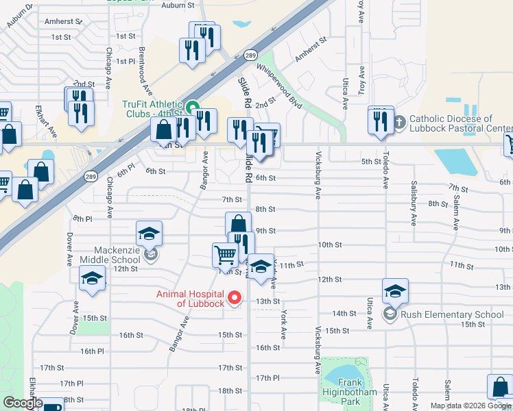 map of restaurants, bars, coffee shops, grocery stores, and more near 4938 8th Street in Lubbock