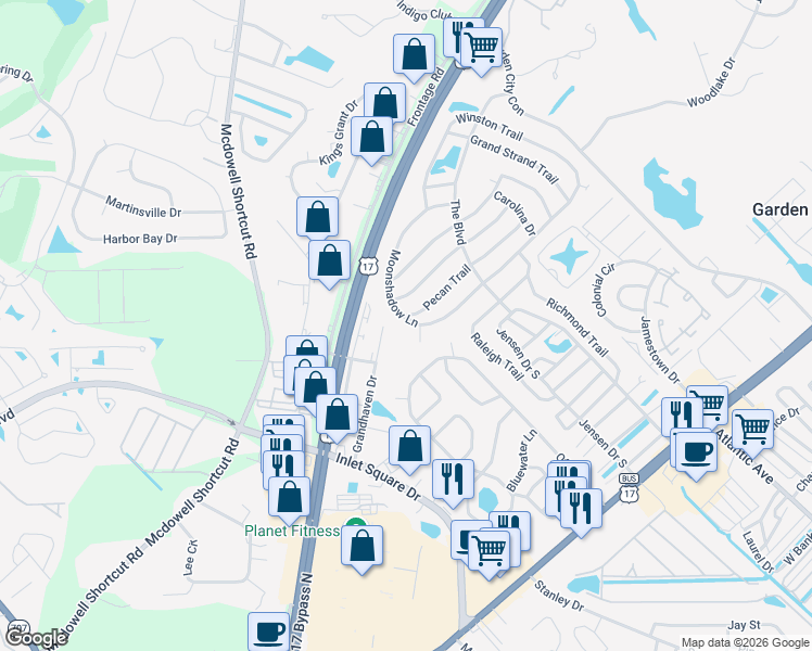 map of restaurants, bars, coffee shops, grocery stores, and more near 3177 Moonshadow Lane in Murrells Inlet