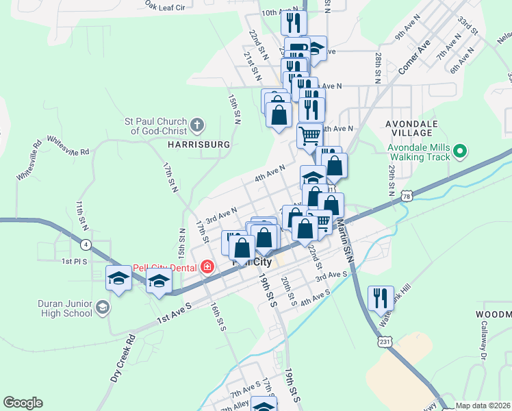 map of restaurants, bars, coffee shops, grocery stores, and more near 2003 3rd Avenue North in Pell City