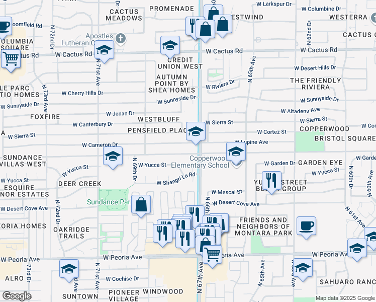 map of restaurants, bars, coffee shops, grocery stores, and more near 6739 West Cameron Drive in Peoria