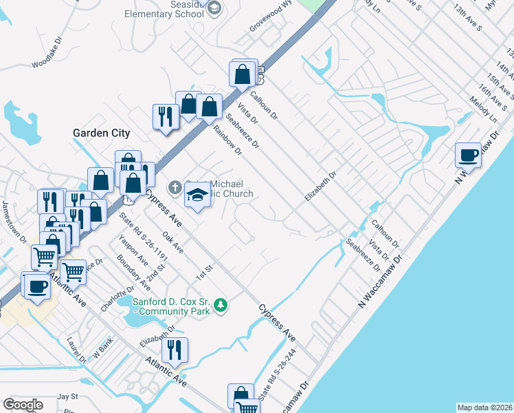 map of restaurants, bars, coffee shops, grocery stores, and more near 906 Dock Place in Murrells Inlet