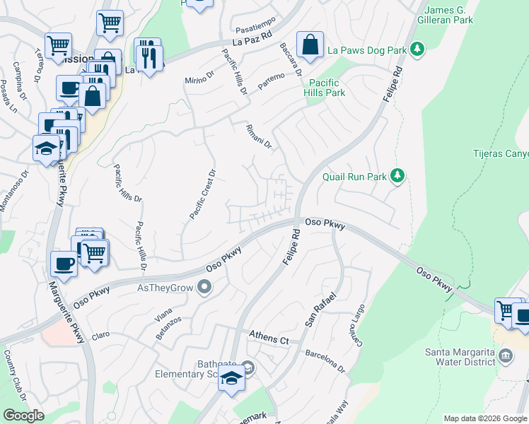 map of restaurants, bars, coffee shops, grocery stores, and more near 32 Melrose Drive in Mission Viejo