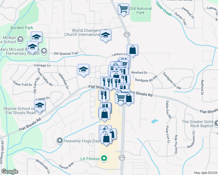map of restaurants, bars, coffee shops, grocery stores, and more near 2465 Flat Shoals Road in Atlanta