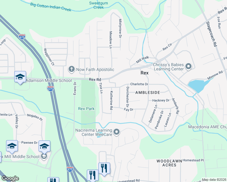 map of restaurants, bars, coffee shops, grocery stores, and more near 6050 Katherine Road in Rex