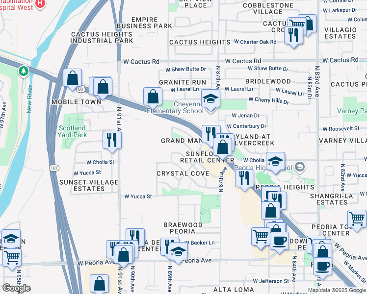 map of restaurants, bars, coffee shops, grocery stores, and more near 8882 West Hollywood Avenue in Peoria