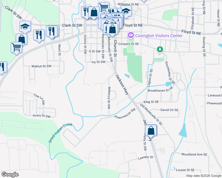 map of restaurants, bars, coffee shops, grocery stores, and more near 3130 Rebecca Street Southwest in Covington