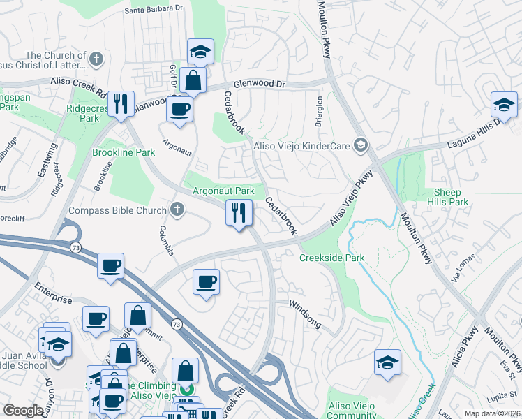 map of restaurants, bars, coffee shops, grocery stores, and more near 19 Montara Drive in Aliso Viejo