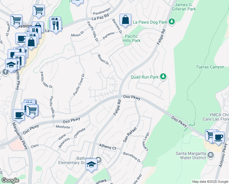 map of restaurants, bars, coffee shops, grocery stores, and more near 57 Melrose Drive in Mission Viejo