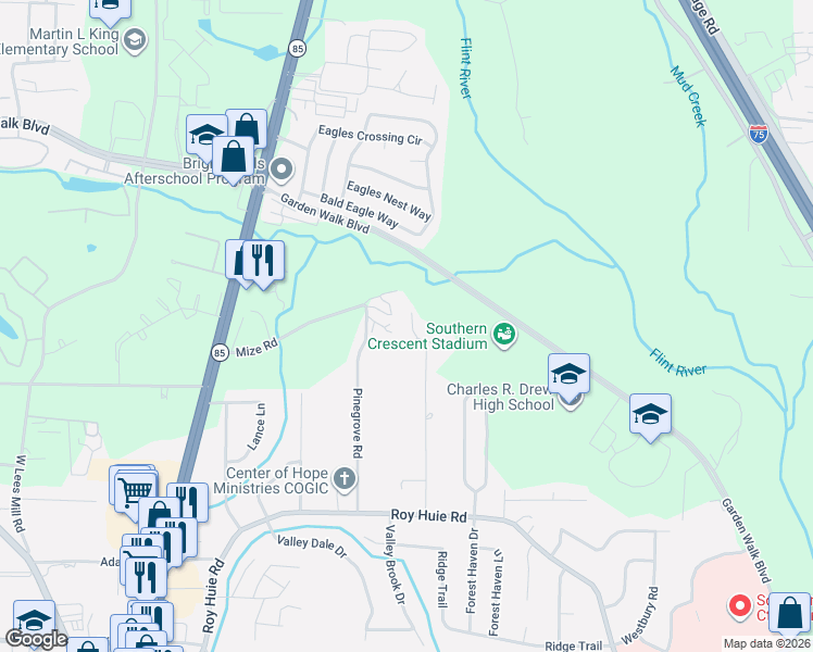 map of restaurants, bars, coffee shops, grocery stores, and more near 263 Woodsage Drive in Riverdale
