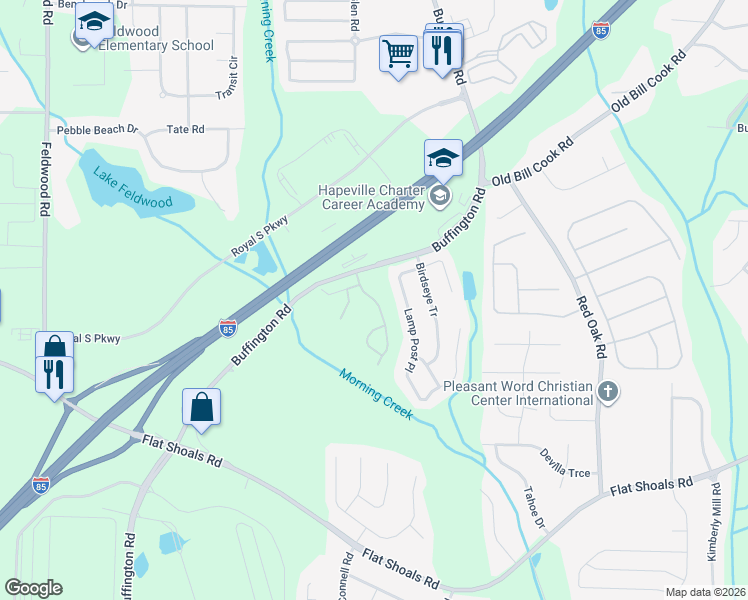 map of restaurants, bars, coffee shops, grocery stores, and more near 6131 Lamp Post Place in College Park