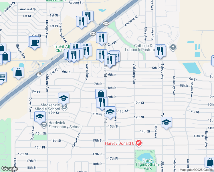 map of restaurants, bars, coffee shops, grocery stores, and more near 4937 7th Street in Lubbock