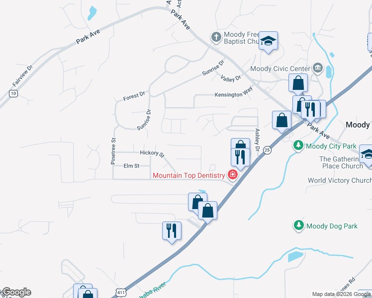 map of restaurants, bars, coffee shops, grocery stores, and more near 908 Poplar Street in Moody