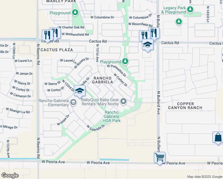 map of restaurants, bars, coffee shops, grocery stores, and more near 11525 North 150th Lane in Surprise
