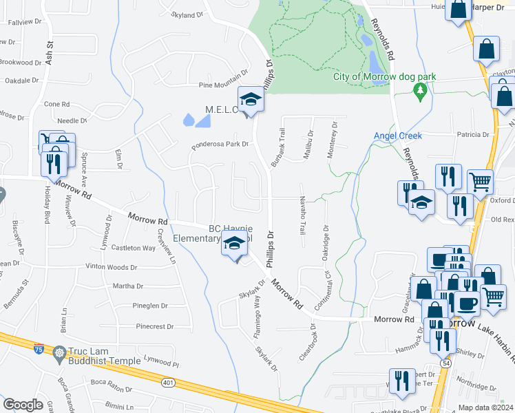 map of restaurants, bars, coffee shops, grocery stores, and more near 6047 Foxcroft Court in Morrow