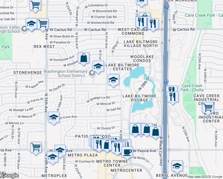 map of restaurants, bars, coffee shops, grocery stores, and more near 3040 West Yucca Street in Phoenix
