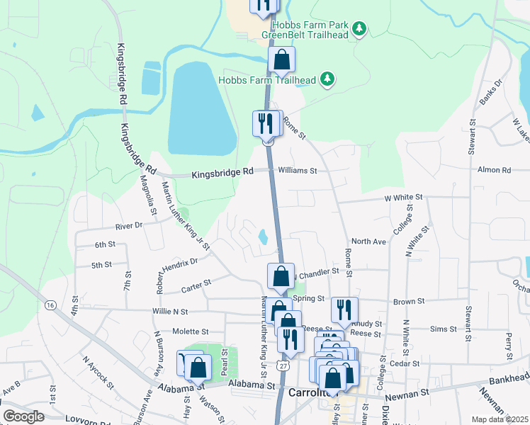 map of restaurants, bars, coffee shops, grocery stores, and more near 720 North Park Street in Carrollton