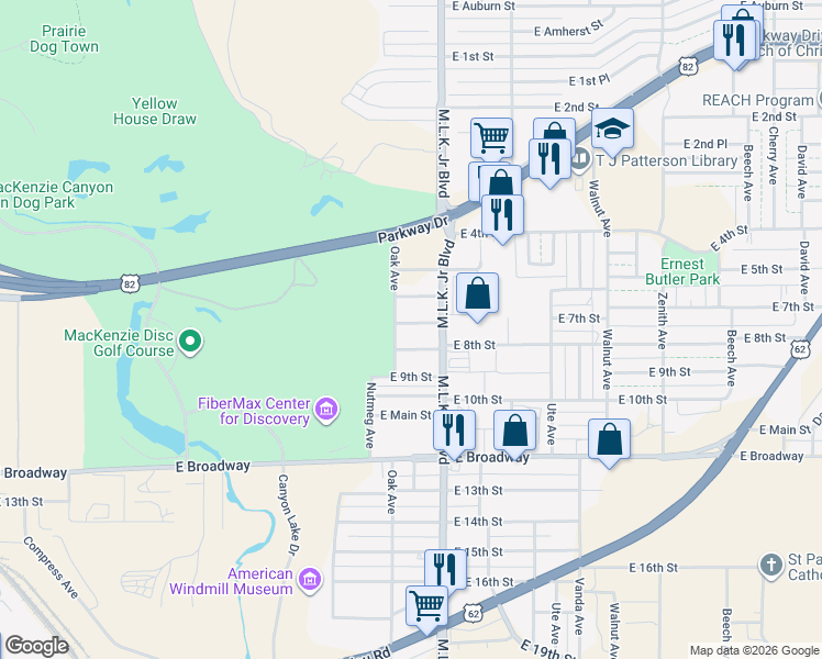 map of restaurants, bars, coffee shops, grocery stores, and more near 1503 East 7th Street in Lubbock