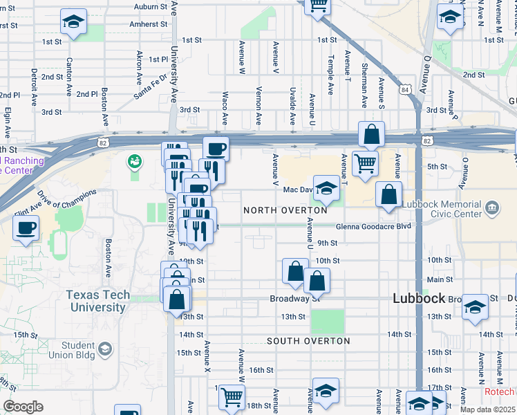 map of restaurants, bars, coffee shops, grocery stores, and more near 2210 Glenna Goodacre Boulevard in Lubbock