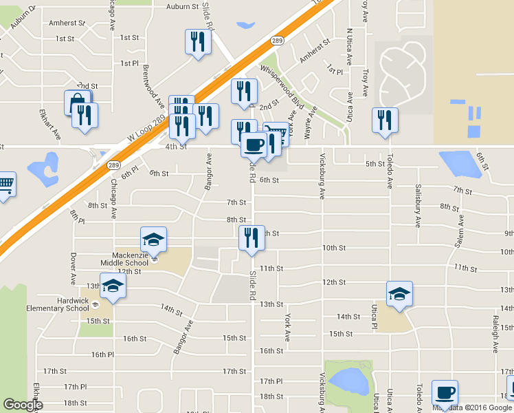 map of restaurants, bars, coffee shops, grocery stores, and more near 4937 7th Street in Lubbock