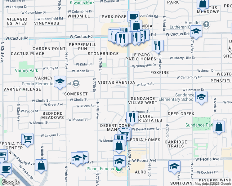 map of restaurants, bars, coffee shops, grocery stores, and more near 7574 West Cameron Drive in Peoria