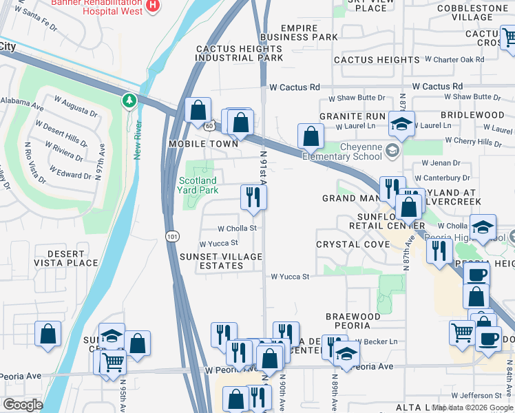 map of restaurants, bars, coffee shops, grocery stores, and more near 11443 North 91st Drive in Peoria