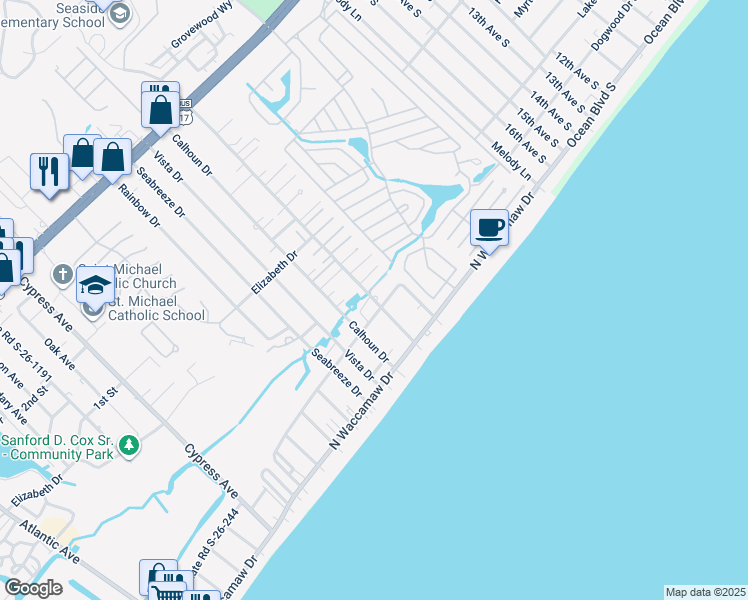 map of restaurants, bars, coffee shops, grocery stores, and more near 1527 North Dogwood Drive in Murrells Inlet