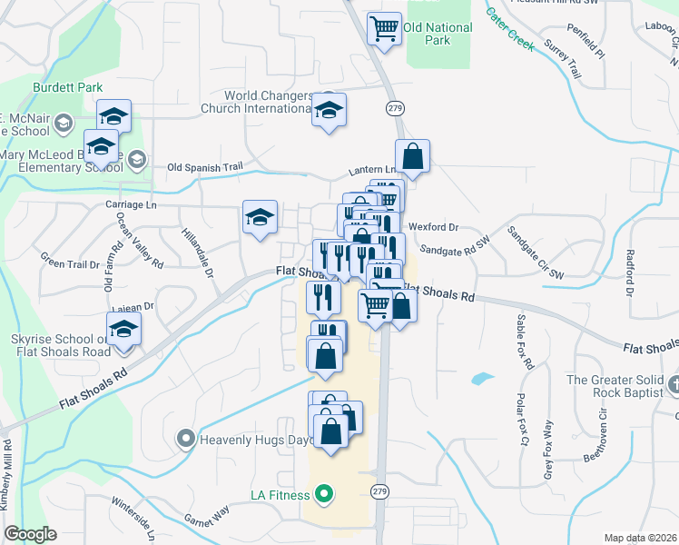 map of restaurants, bars, coffee shops, grocery stores, and more near 2465 Flat Shoals Road in Atlanta