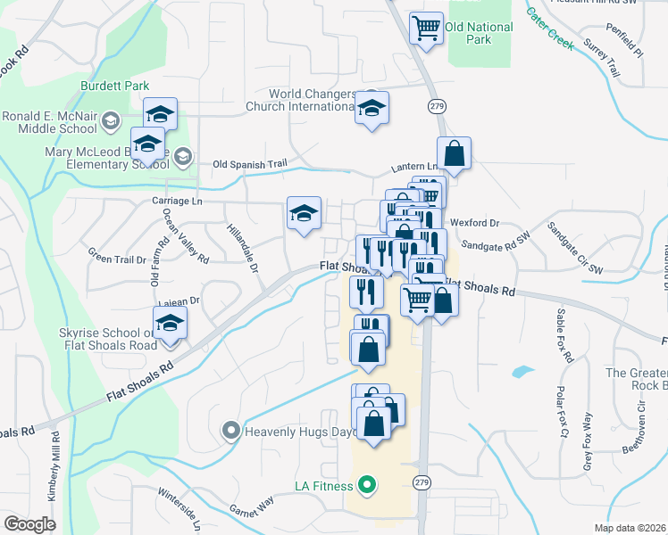 map of restaurants, bars, coffee shops, grocery stores, and more near 2535 Flat Shoals Road in Atlanta