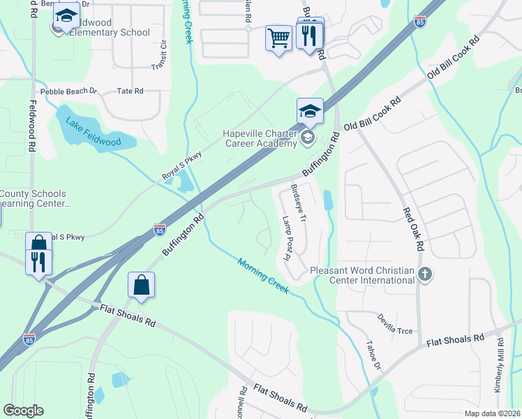 map of restaurants, bars, coffee shops, grocery stores, and more near 6131 Lamp Post Place in College Park