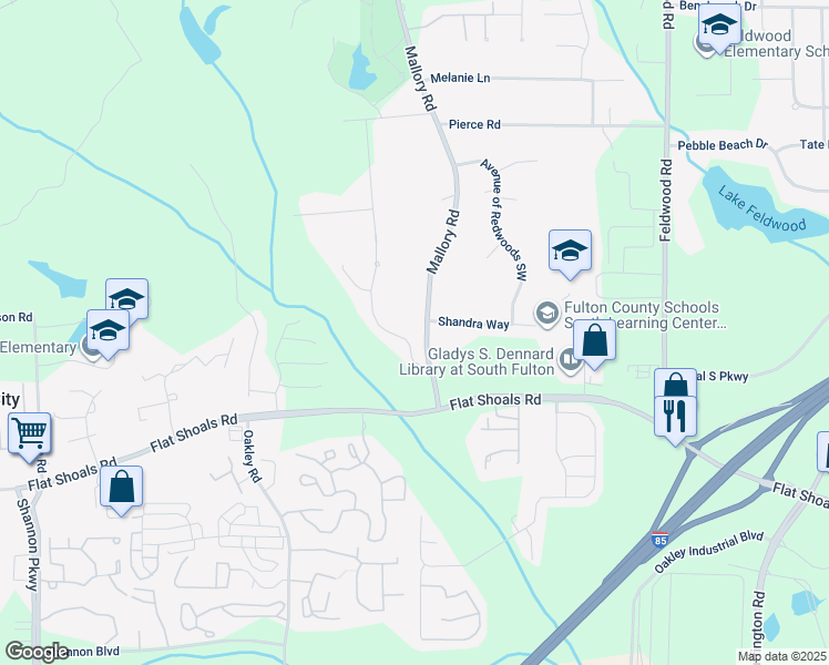 map of restaurants, bars, coffee shops, grocery stores, and more near 6155 Mallory Road in College Park
