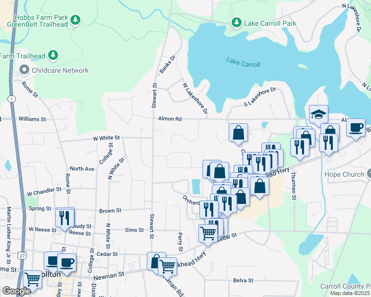 map of restaurants, bars, coffee shops, grocery stores, and more near 121 Ashgate Way in Carrollton
