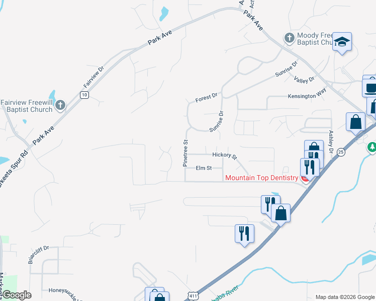 map of restaurants, bars, coffee shops, grocery stores, and more near 1026 Hickory Street in Moody