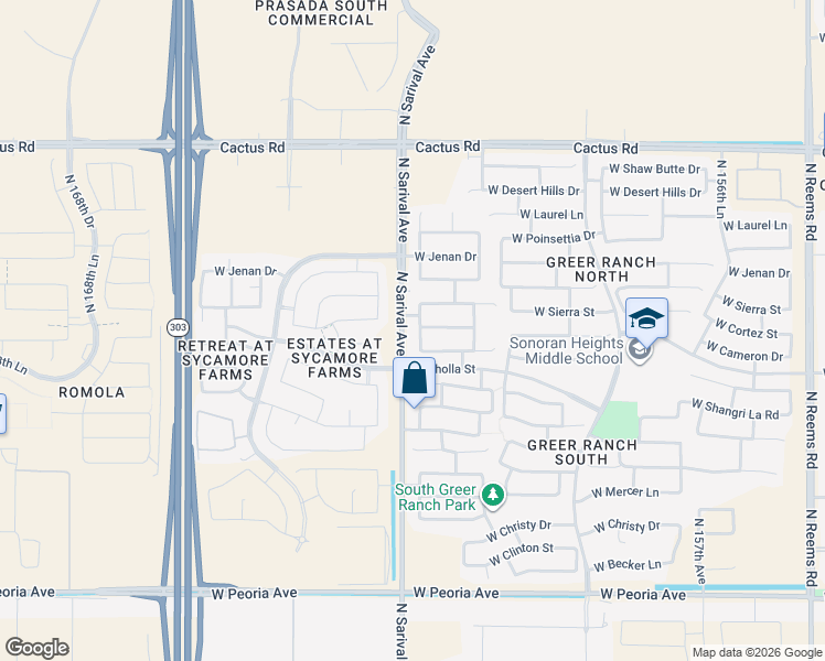 map of restaurants, bars, coffee shops, grocery stores, and more near 16256 West Cortez Street in Surprise