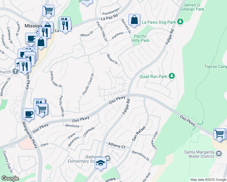 map of restaurants, bars, coffee shops, grocery stores, and more near 28 Melrose Drive in Mission Viejo